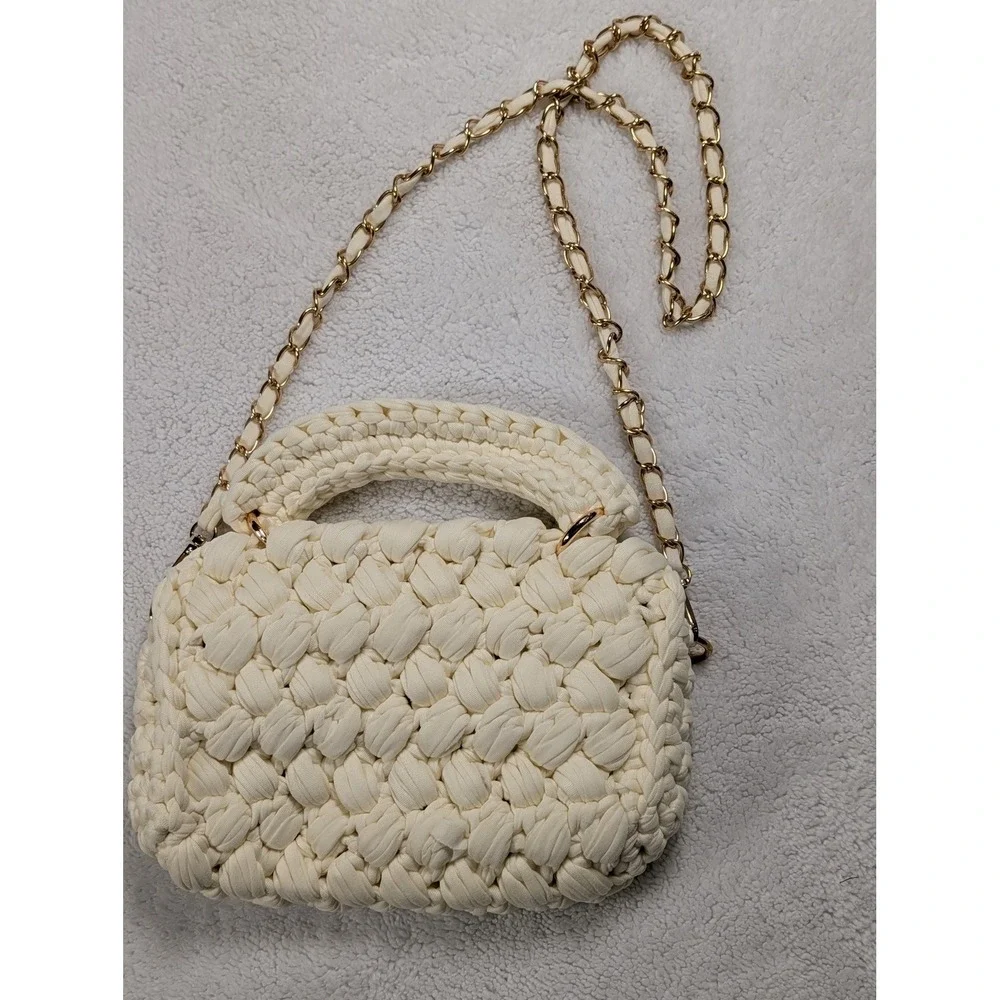 Ivory Chunky Knit Crossbody Bag Gold Chain Strap Mini Top Handle Boho